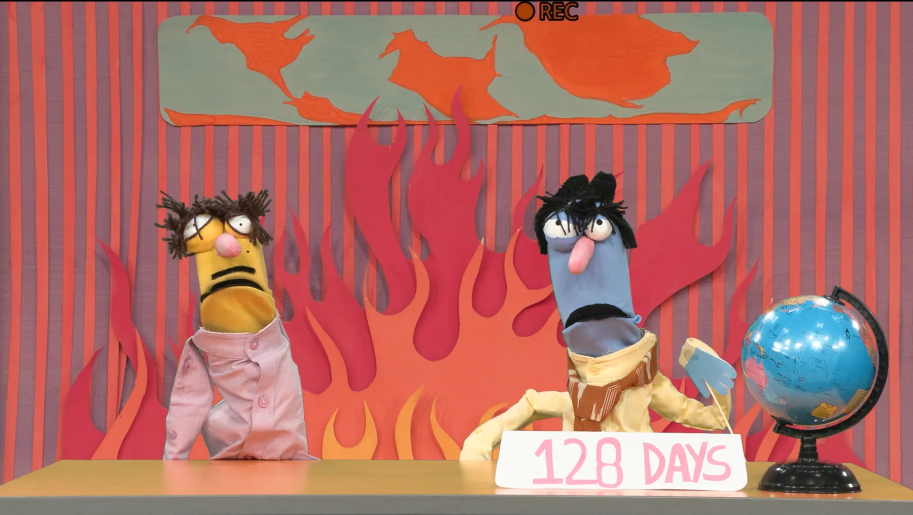 Puppet film still, fire scene